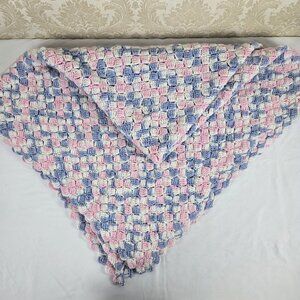 Handmade Crochet Baby Blanket Pink Blue White Abstract Pattern